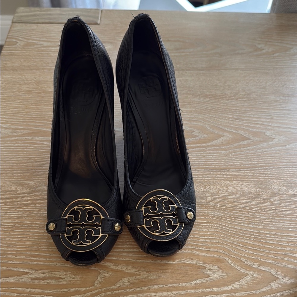 Tory Burch Black Heels with Gold Emblem